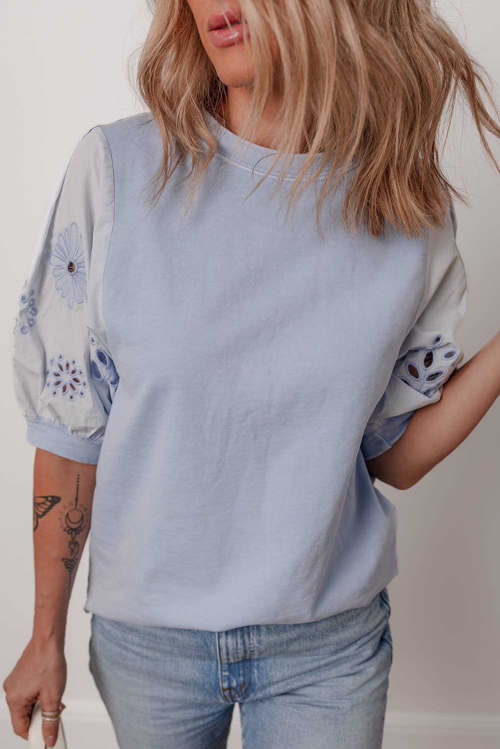 Flower Embroidered Sleeve Top