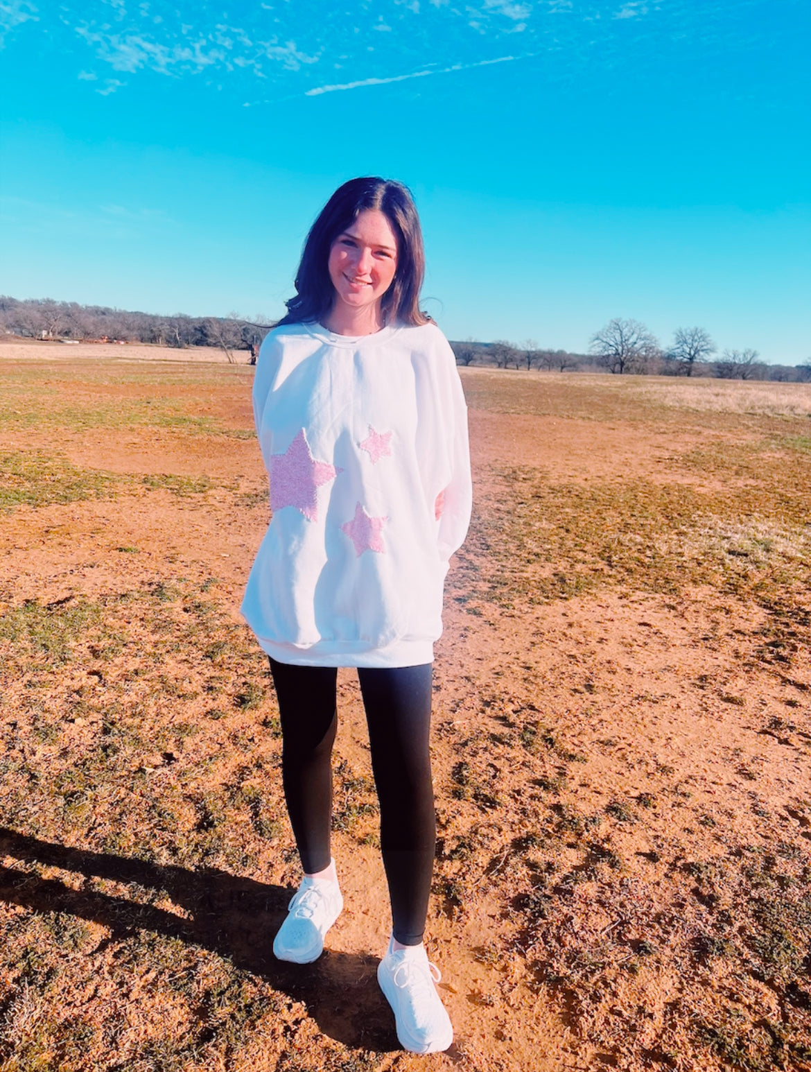 2XL White Pink Star Hand-Stitched Sweatshirt