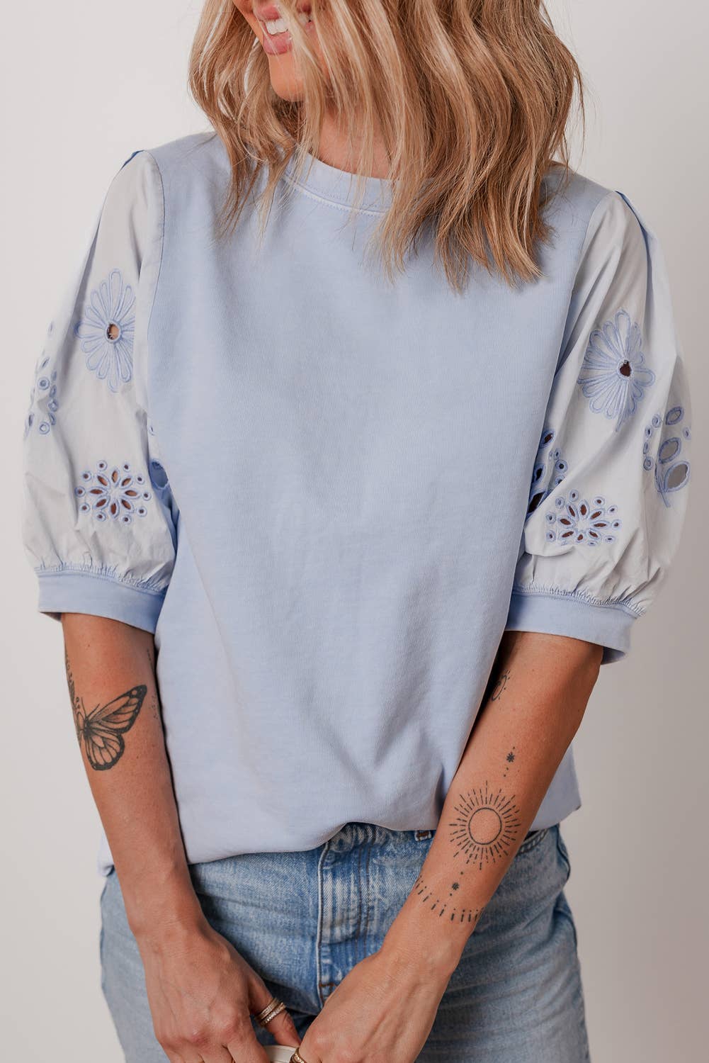 Flower Embroidered Sleeve Top