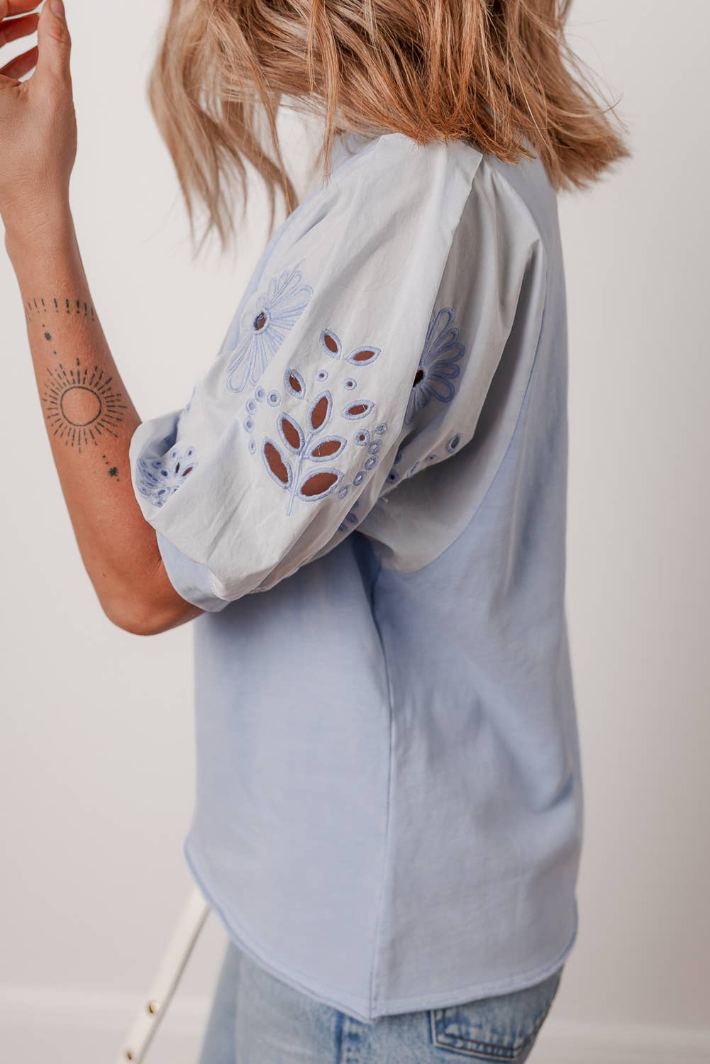 Flower Embroidered Sleeve Top
