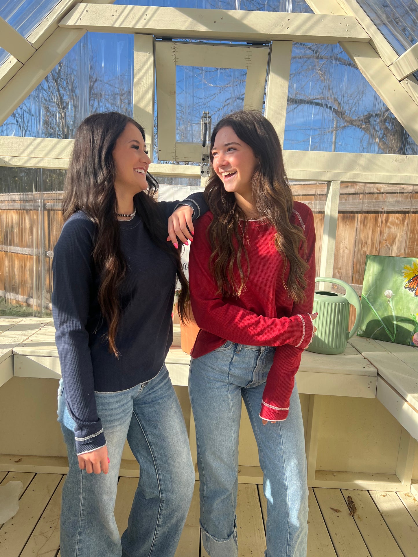 Navy Waffle Knit Long Sleeve Top